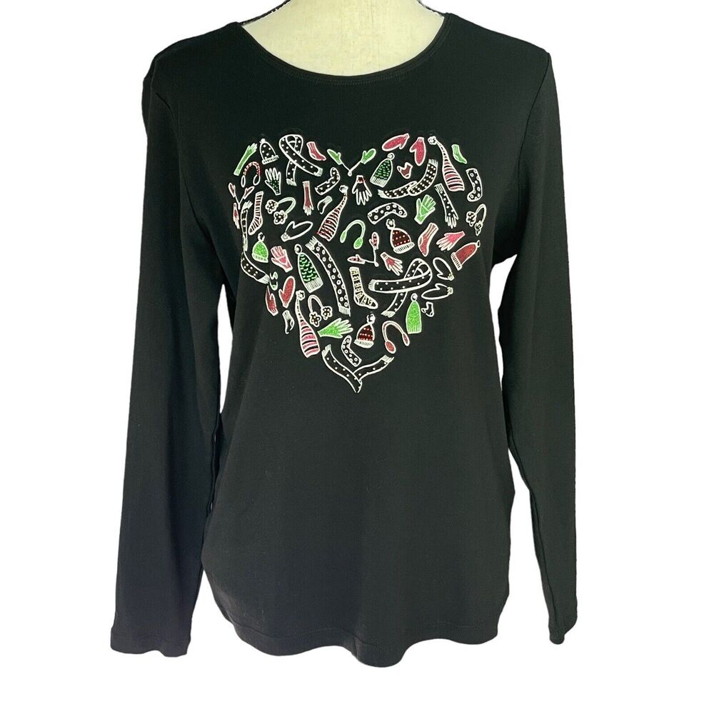 Karen Scott Medium Top Holiday Christmas Heart Long Sleeve Stretch Glitter Black